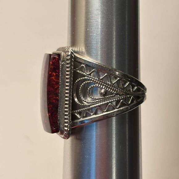 Vintage Men’s Lithuanian Baltic Amber Silver Tone Ornate Square Ring Size 11 - Picture 2 of 4